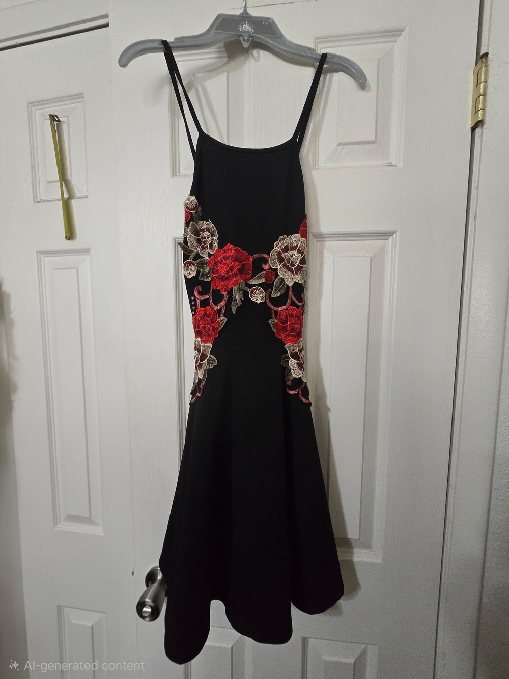 WhimsiGoth Black Embroidered Patch Floral Mini Dress Womens Sm Skater Fit Flare